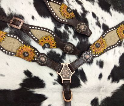 Showman One Ear Headstall &amp; Breastcollar set with burlap inlay with painted sunflower accent #3